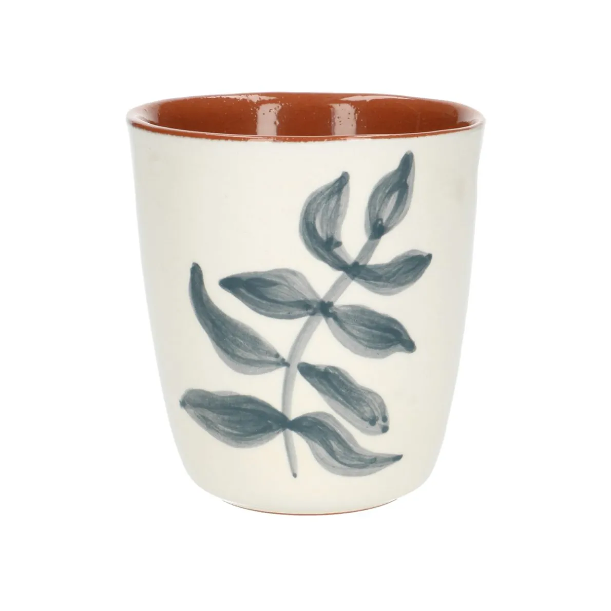 Beker, terracotta, groot blauw blad, 10 x 10 cm