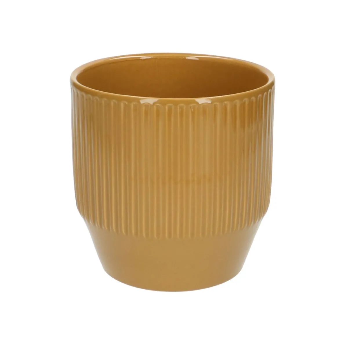 Bloempot, aardewerk, okergeel geribbeld
