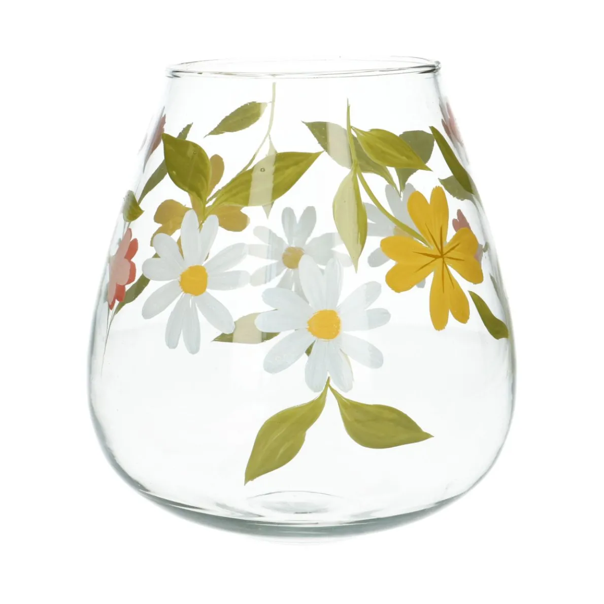 Grote vaas, glas, beschilderd met bloemen,  Ø 18 x 17 cm