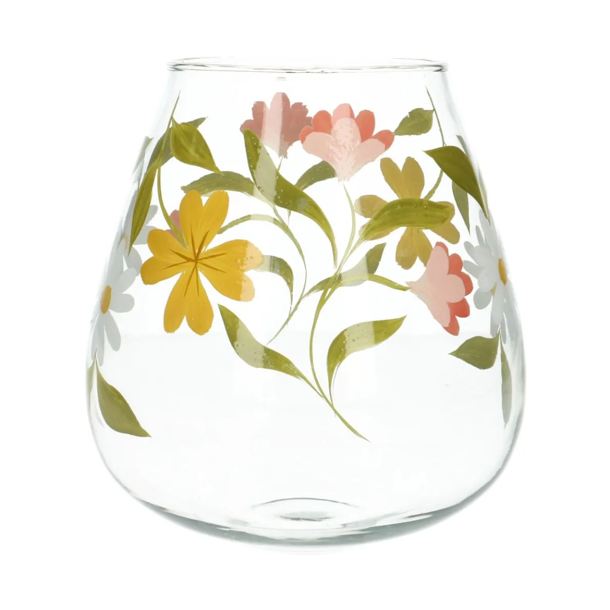 Grote vaas, glas, beschilderd met bloemen,  Ø 18 x 17 cm