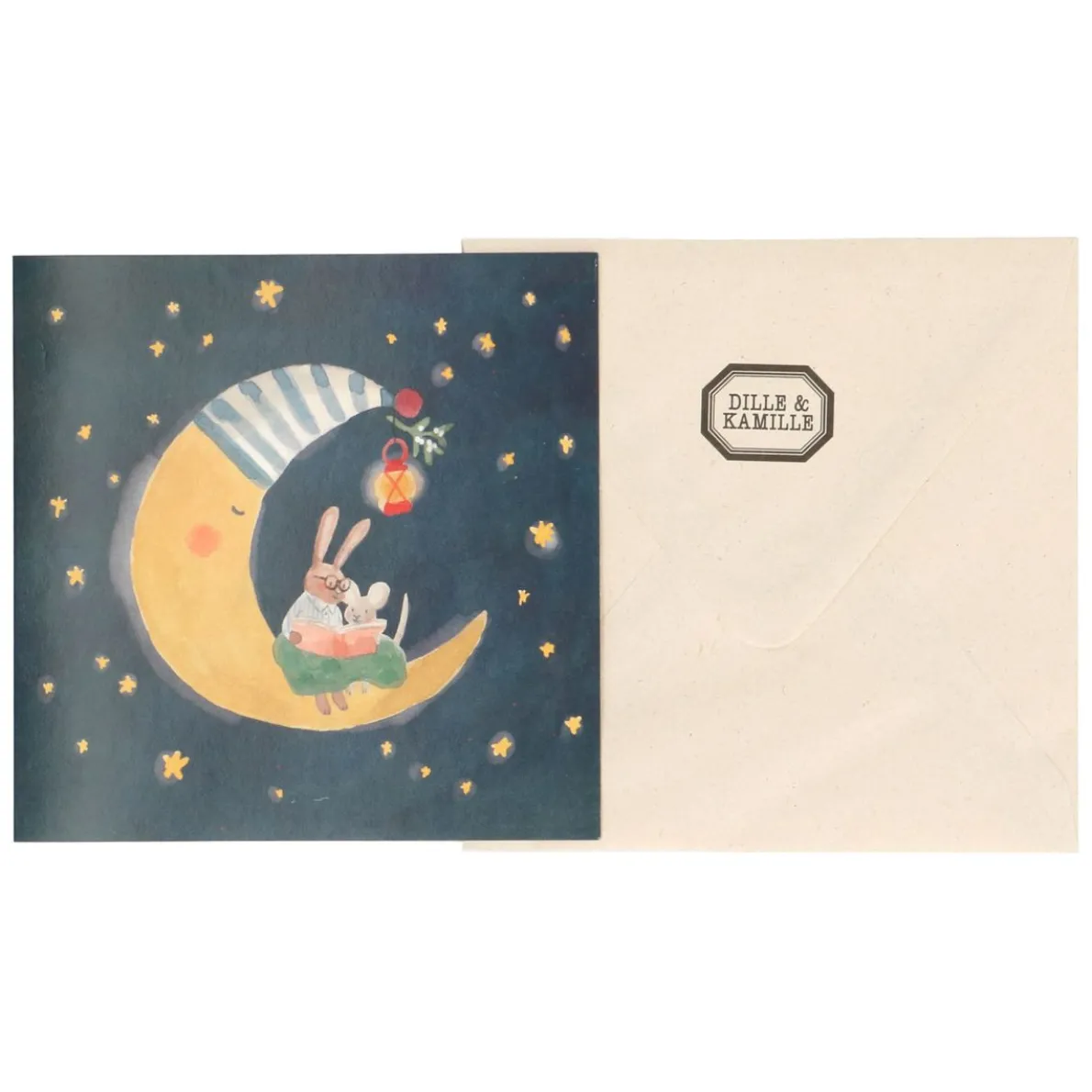 Kerstkaart + envelop, vierkant, maan met haas