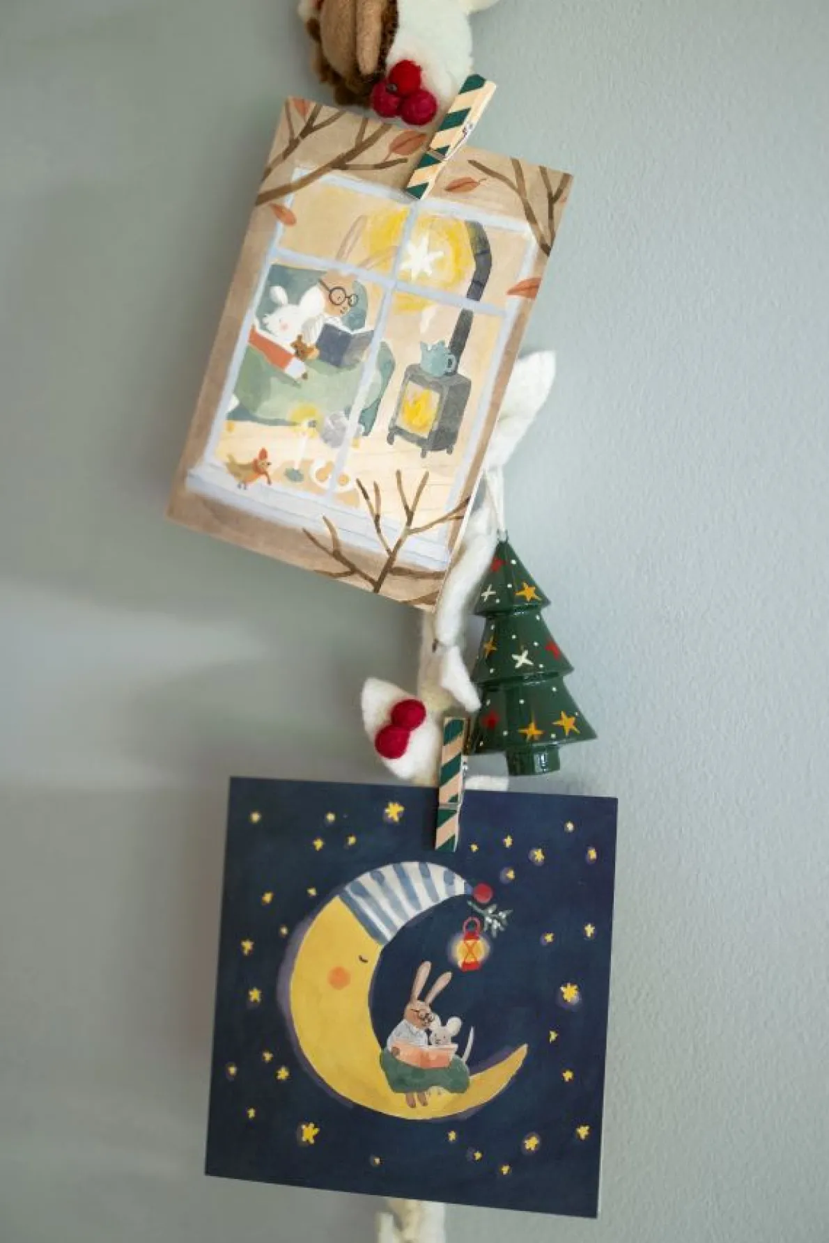 Kerstkaart + envelop, vierkant, maan met haas