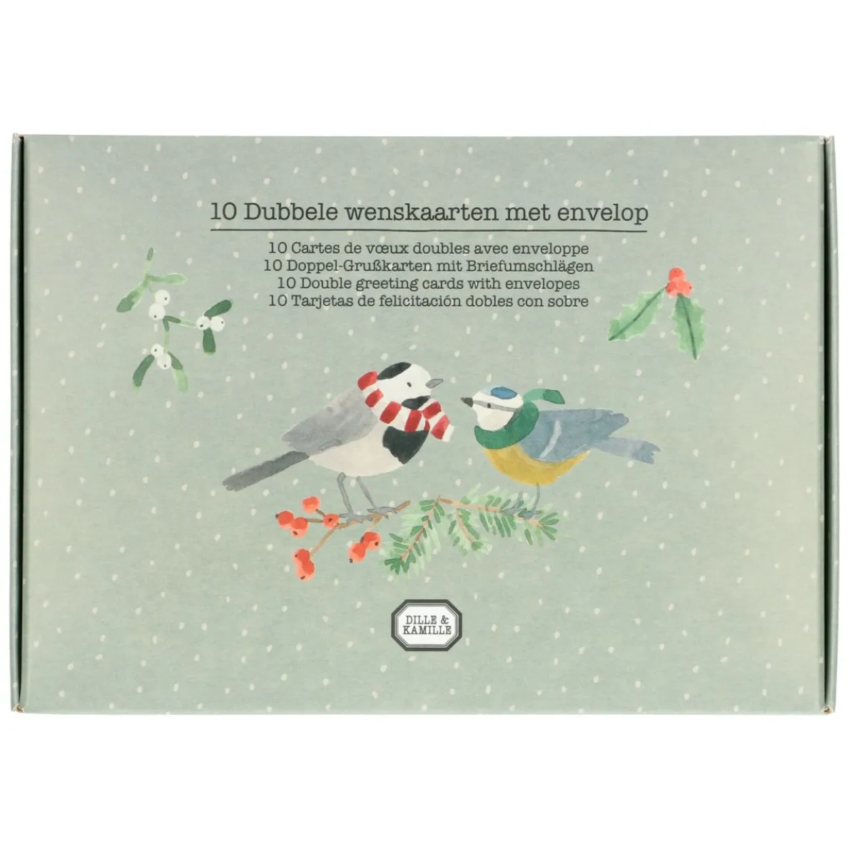 Kerstkaart + envelop, dieren en bessentakjes, set van 10 in doos