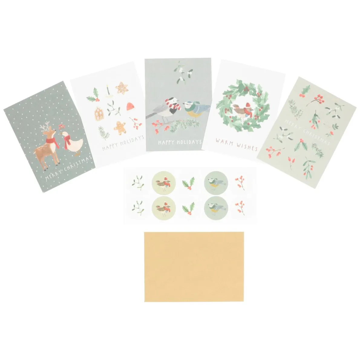 Kerstkaart + envelop, dieren en bessentakjes, set van 10 in doos
