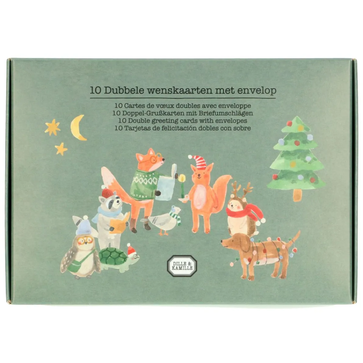 Kerstkaart + envelop, kerstdieren, set van 10 in doos