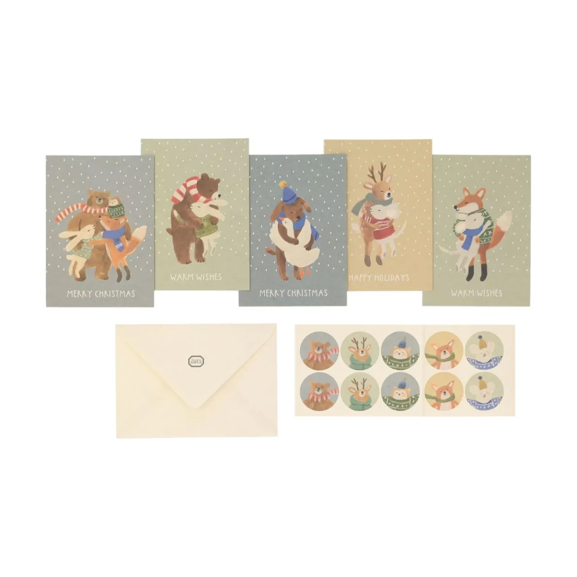 Kerstkaarten met envelop, knuffelde dieren, set van 10 in een doos