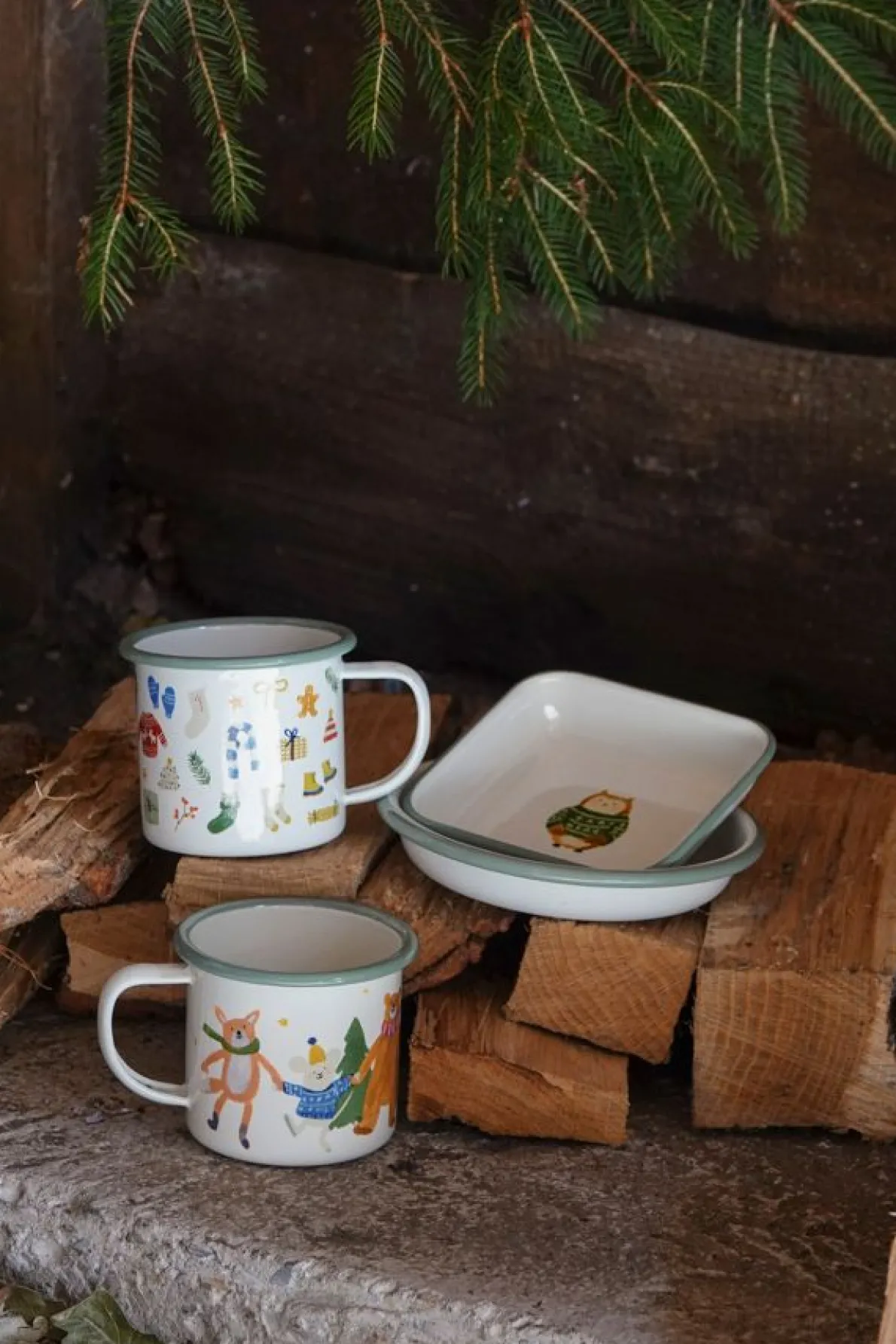 Kerstmok, emaille, winterbos, Ø 8 cm