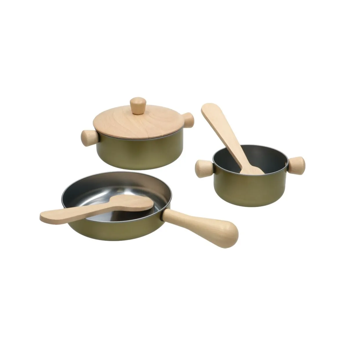 Pannenset, metaal en rubberhout, 2+