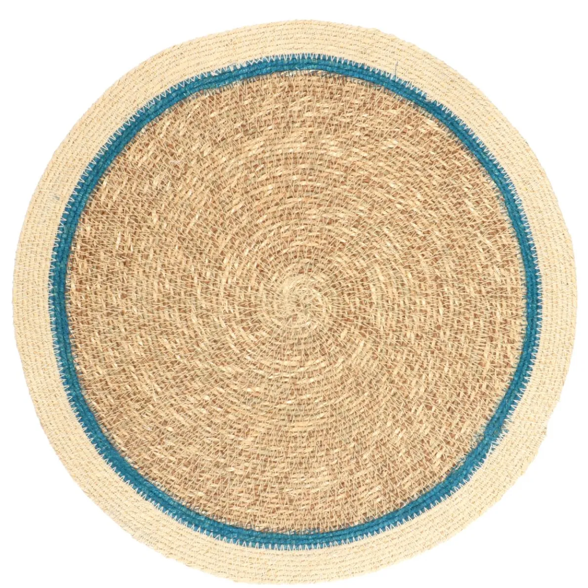 Placemat naturel, zeegras, blauwe rand, Ø38 cm