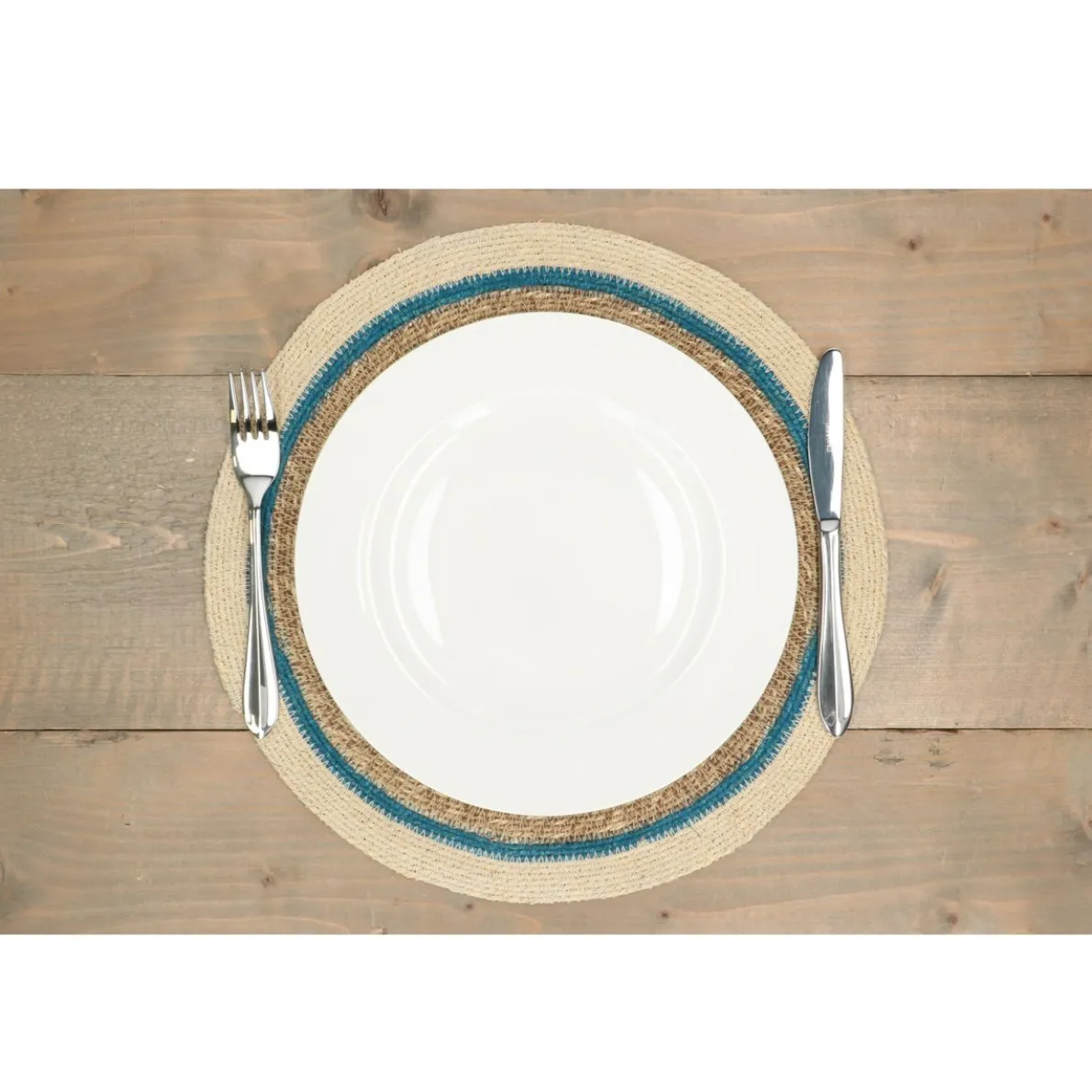 Placemat naturel, zeegras, blauwe rand, Ø38 cm