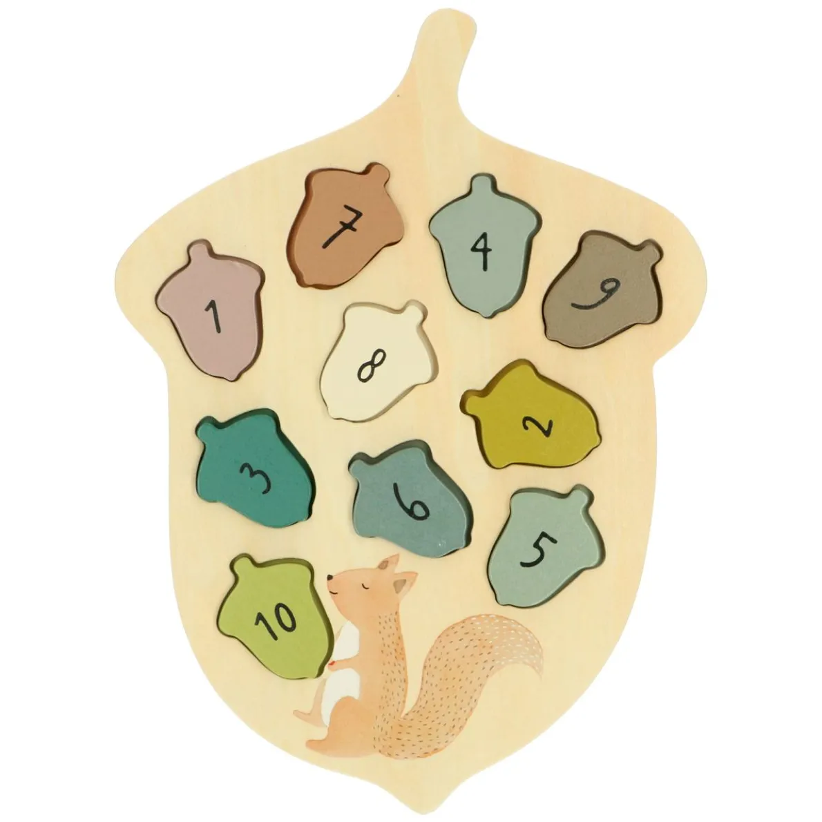 Puzzel, hout, eikels en eekhoorn