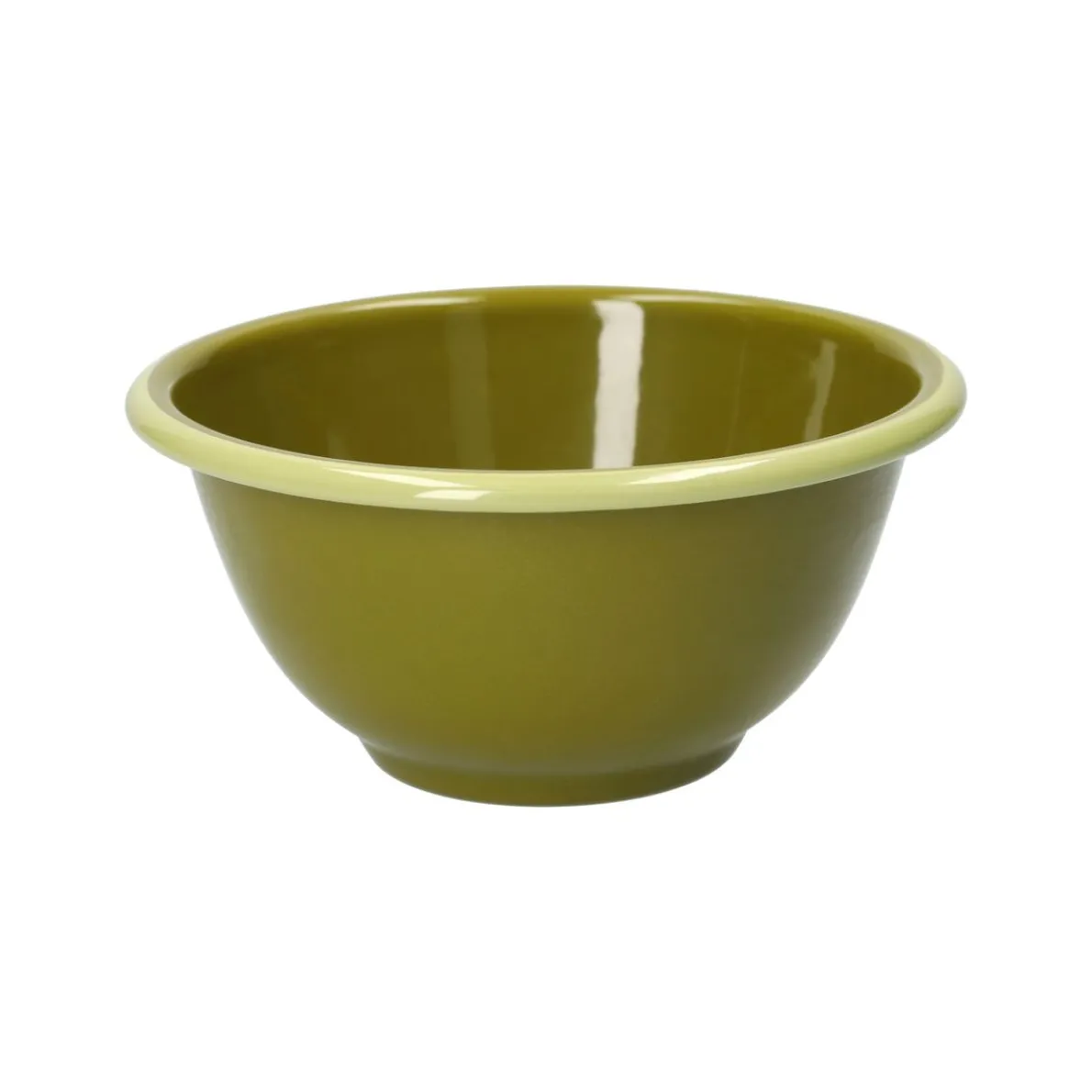 Schaal, emaille, olijfgroen met lichtgroen randje, Ø14 CM
