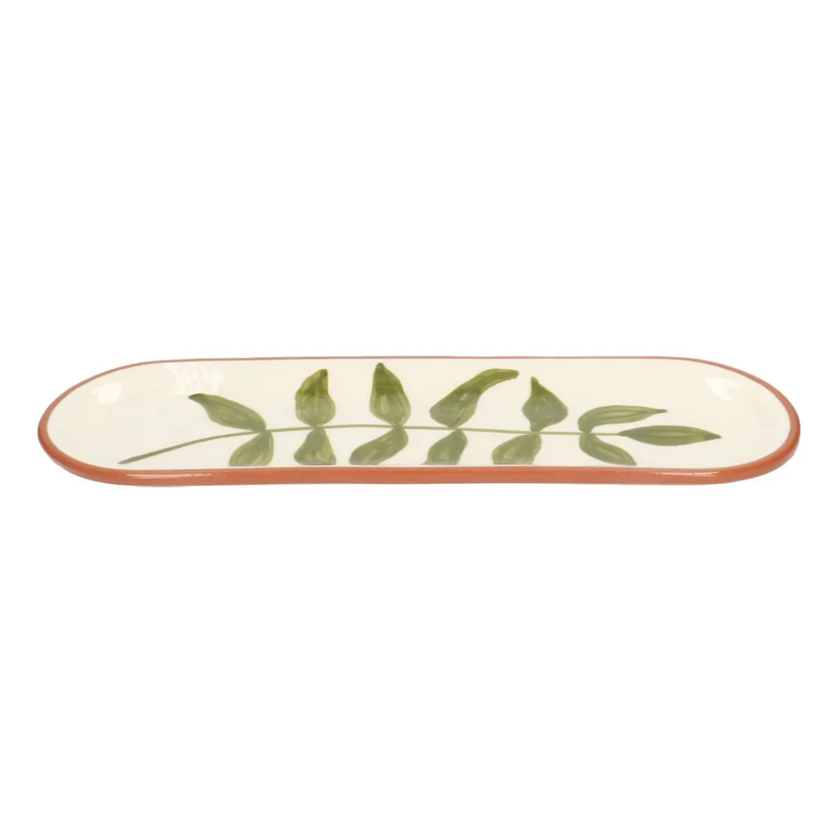 Schaal, terracotta, groen blad, 32 x 11 cm