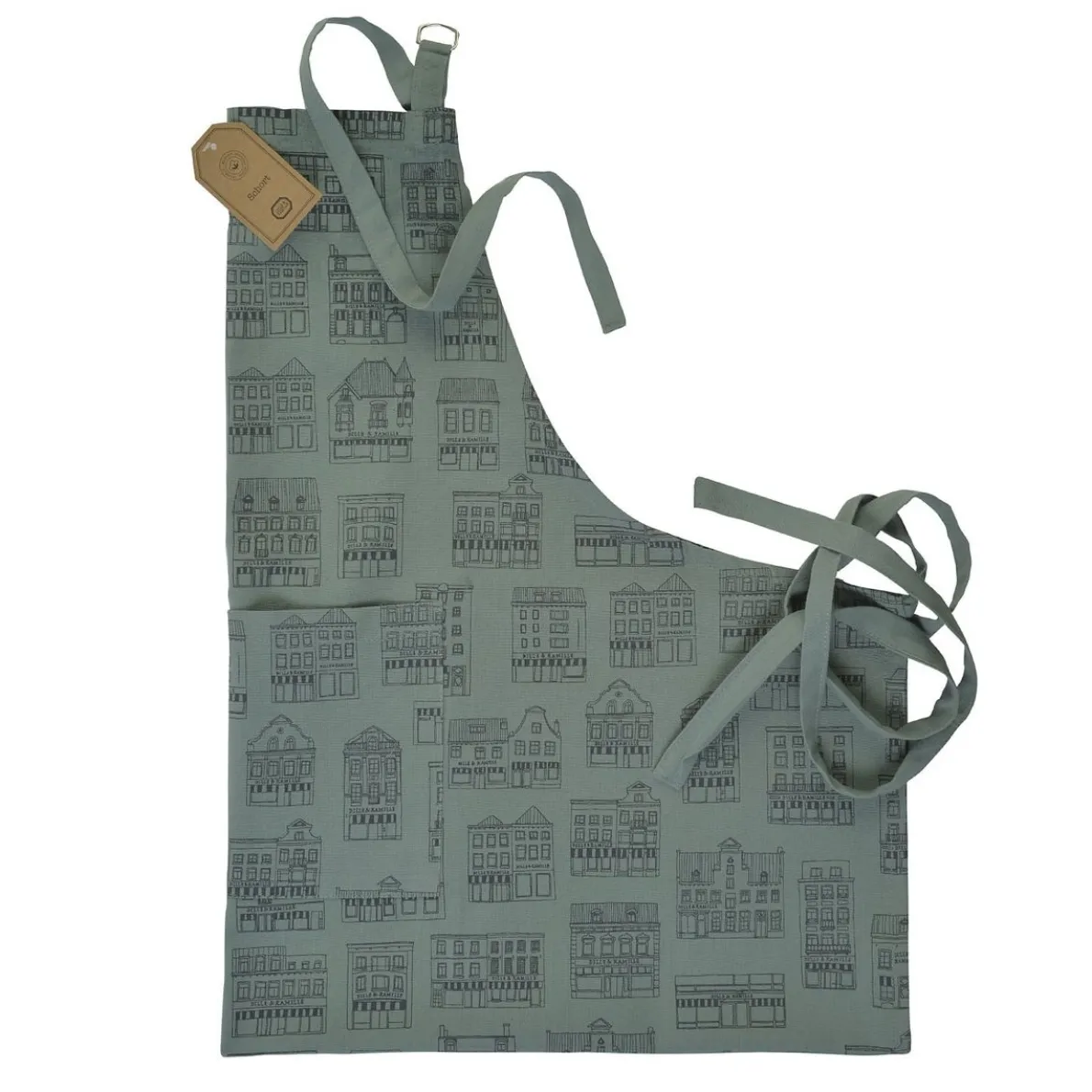 Schort, bio-katoen, grijsgroen met geveltjes