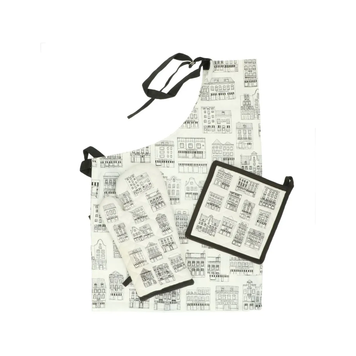 Schort, bio-katoen, wit met zwarte geveltjes