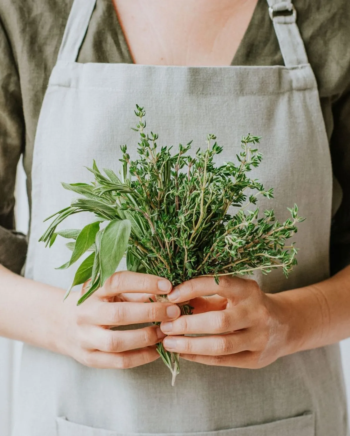Schort, katoen, olijfgroen gemêleerd