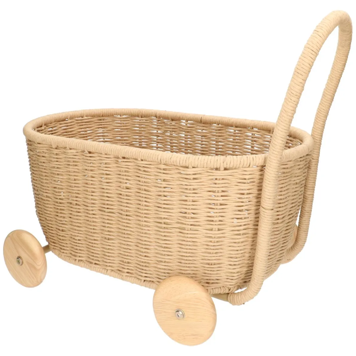 Speelgoedwagen, papercord, metaal, rubberhout