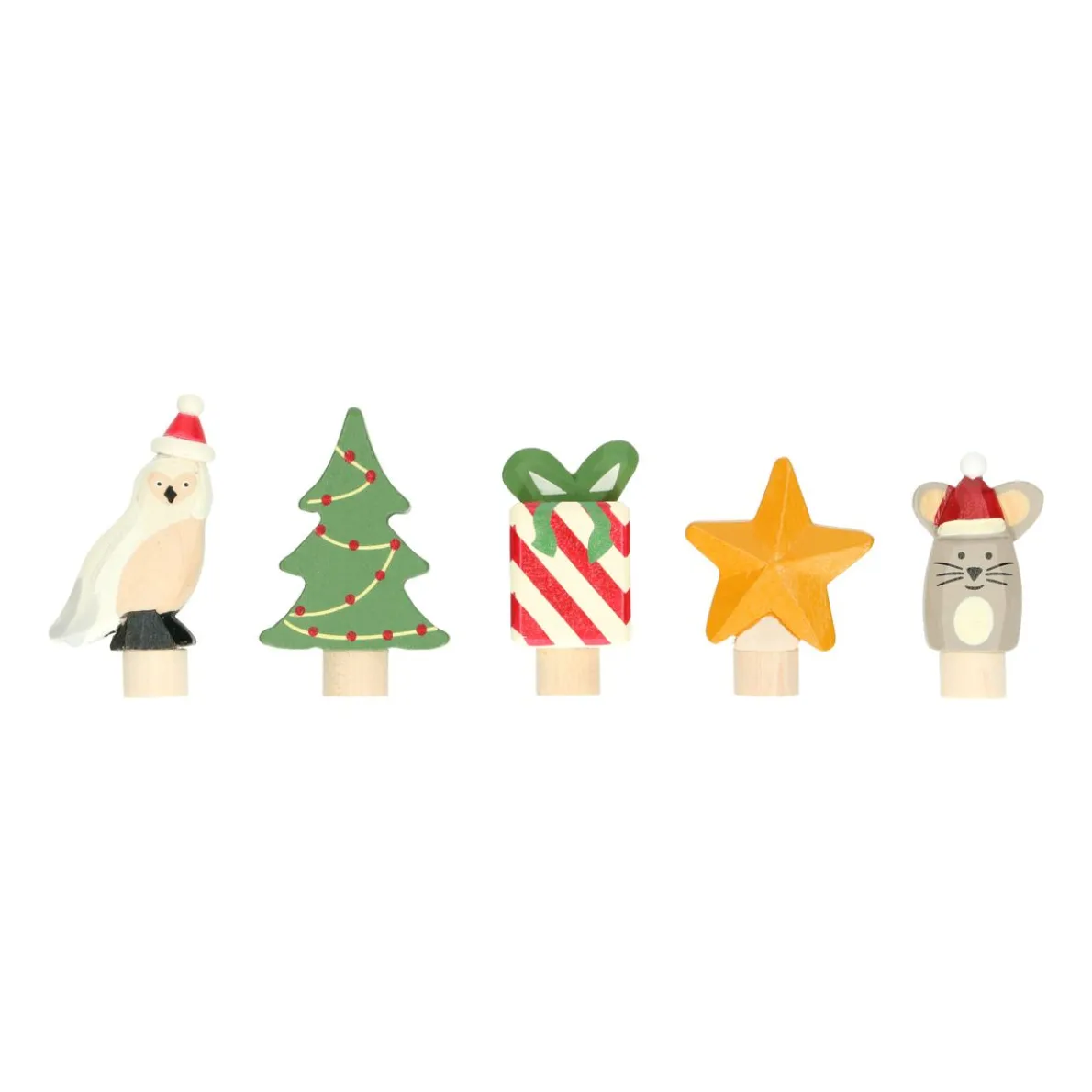 Stekers voor jaarring/adventsring, kerstfiguurtjes, hout, set van 5
