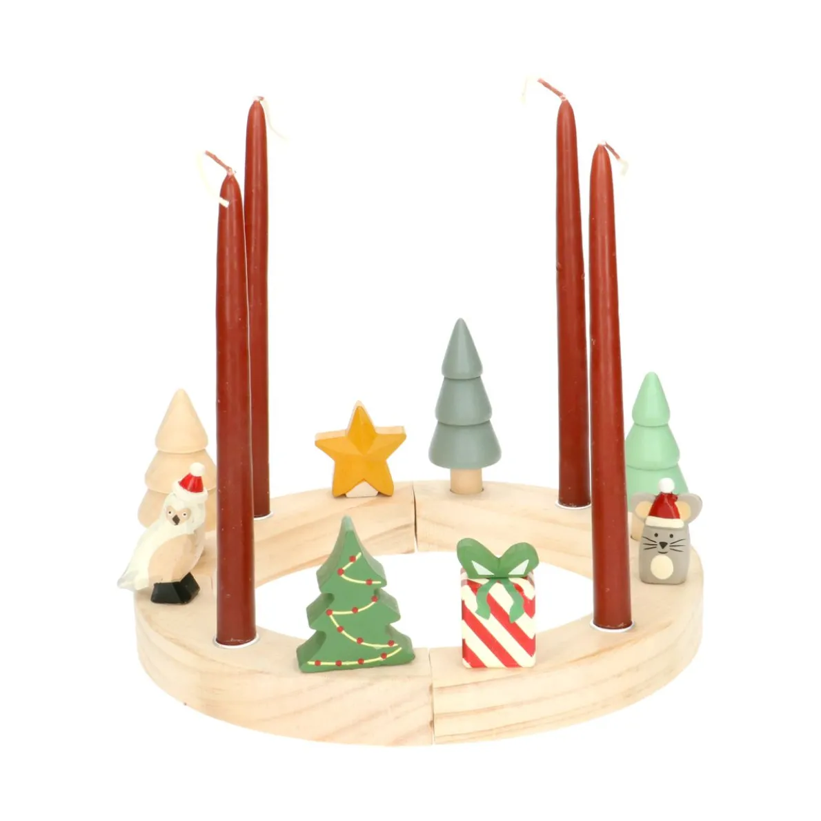 Stekers voor jaarring/adventsring, kerstfiguurtjes, hout, set van 5