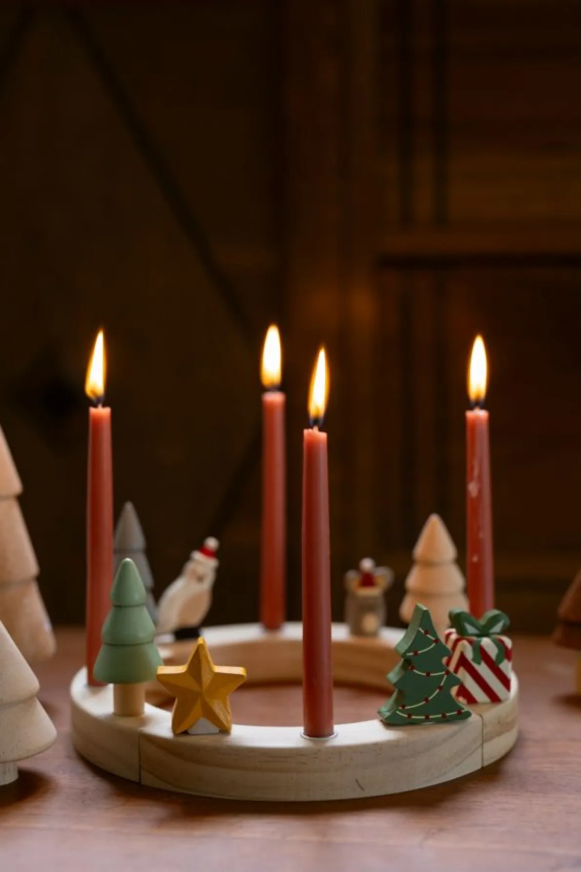 Stekers voor jaarring/adventsring, kerstfiguurtjes, hout, set van 5