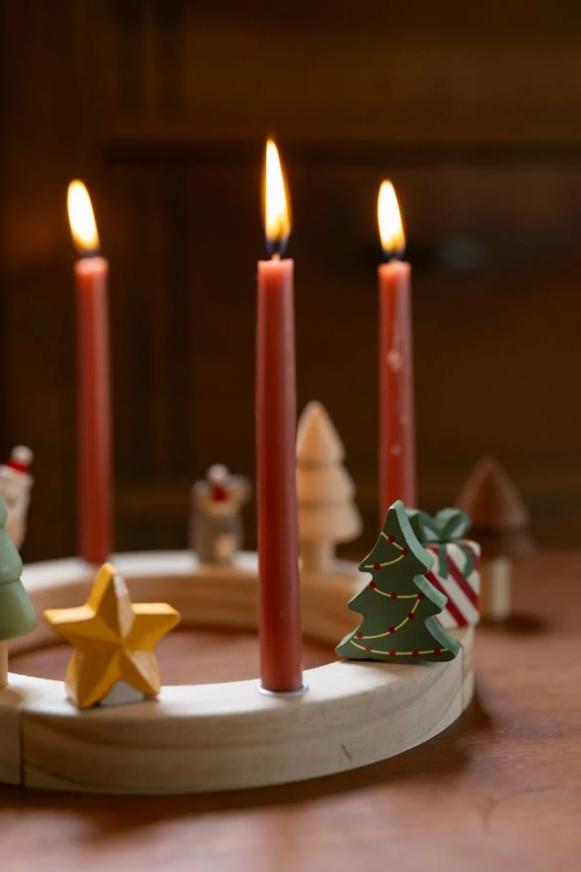 Stekers voor jaarring/adventsring, kerstfiguurtjes, hout, set van 5