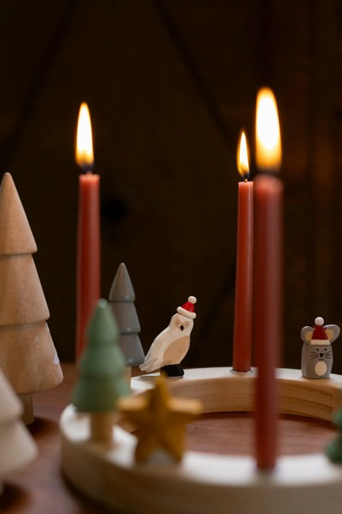 Stekers voor jaarring/adventsring, kerstfiguurtjes, hout, set van 5