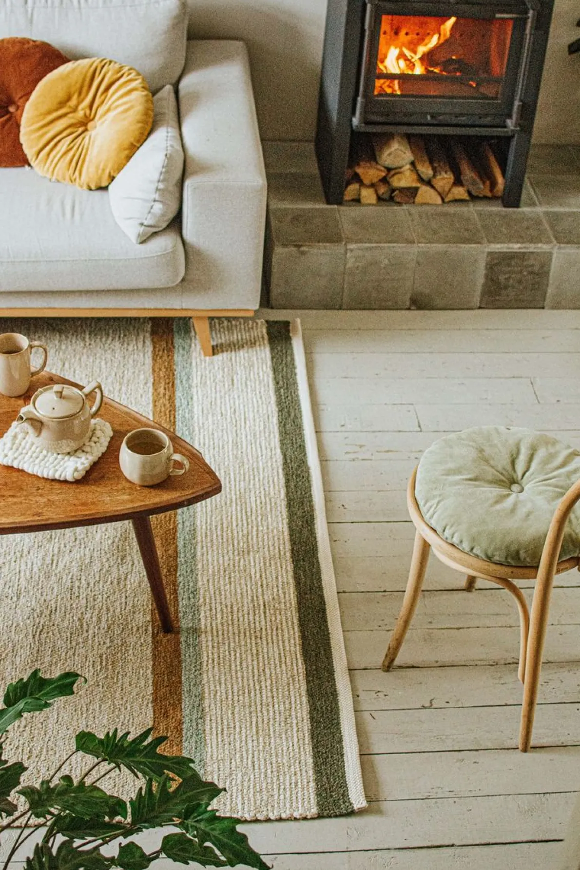 Tapijt, gerecycled katoen, beige streep multicolor, groot