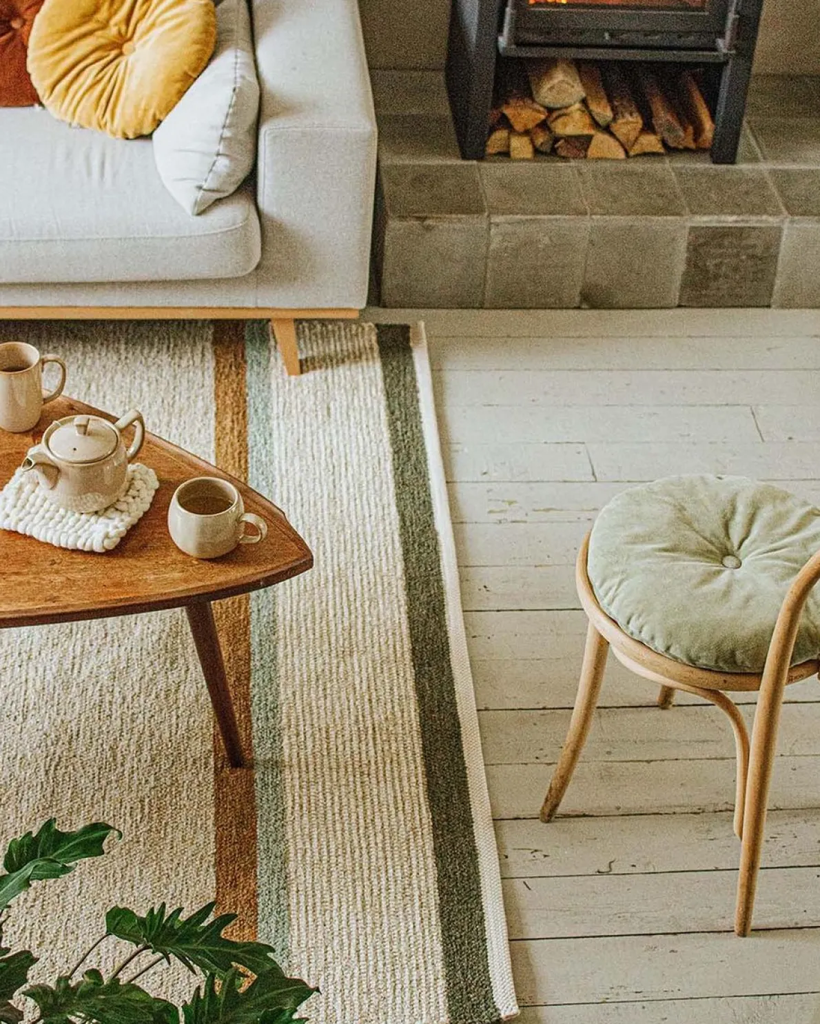 Tapijt, gerecycled katoen, beige streep multicolor, groot