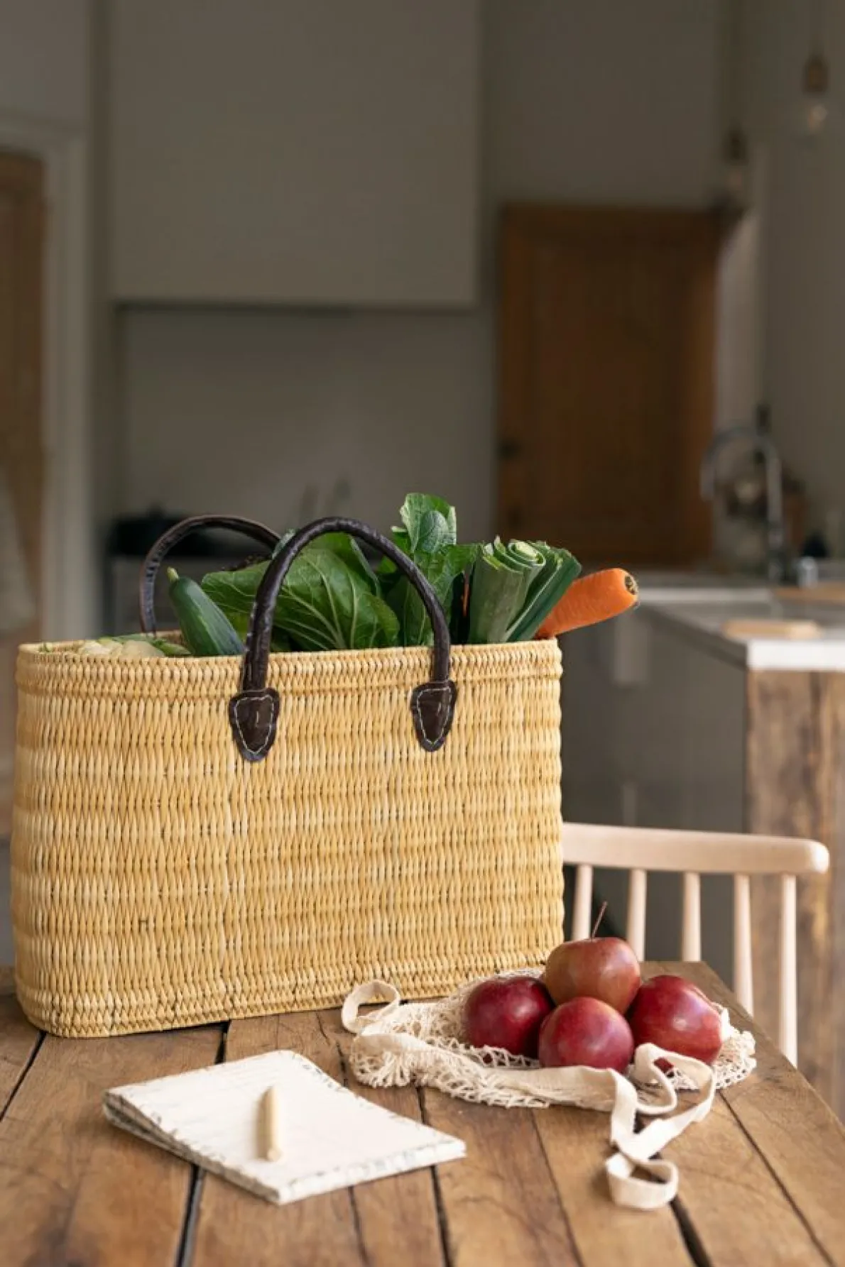 Tas, pitrusgras, bruin lederen hengsel, groot