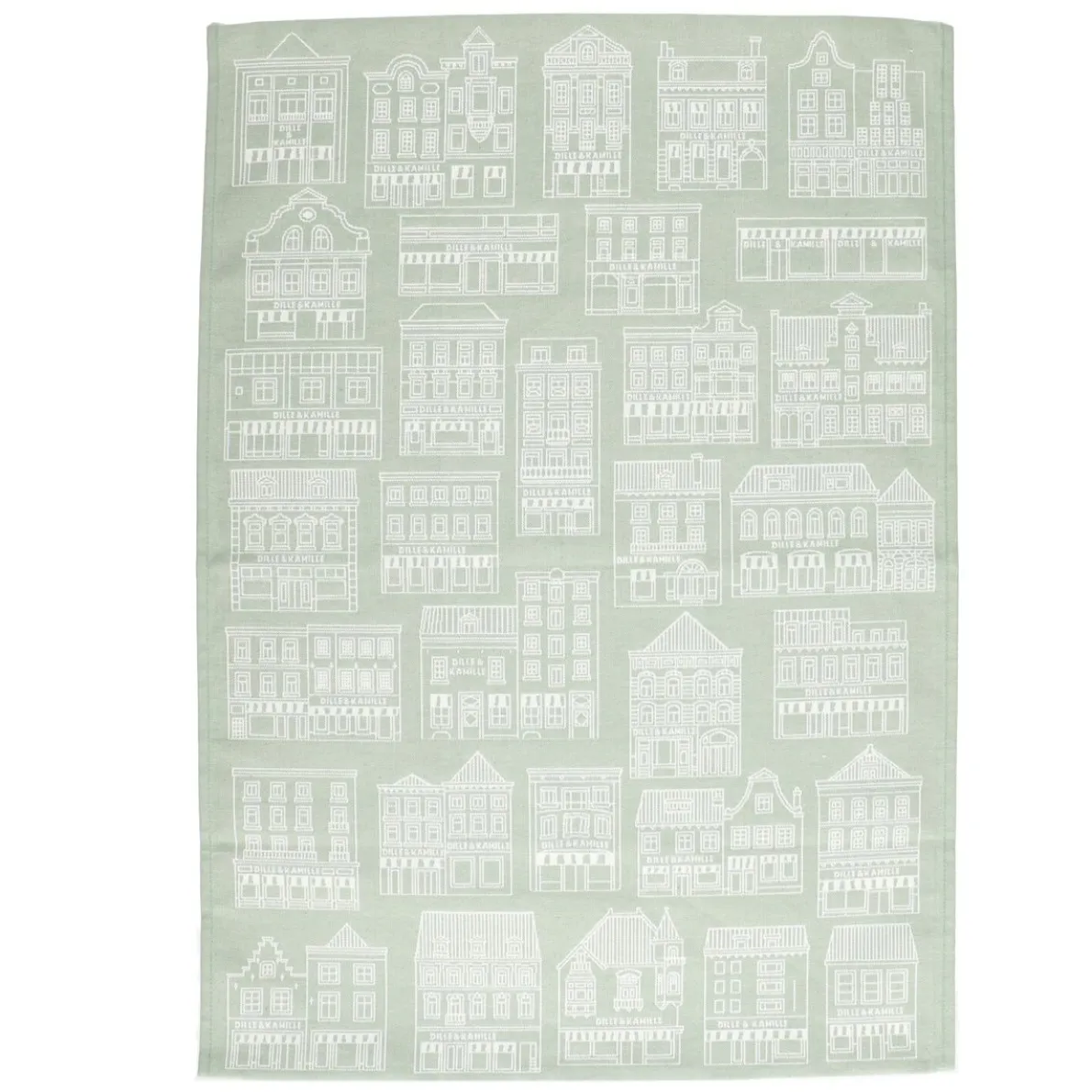 Theedoek, katoen, groen/wit met gevelmotief