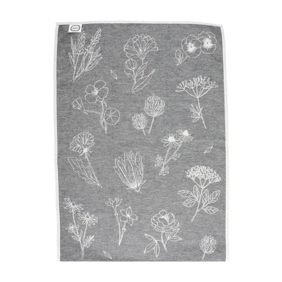 Theedoek, katoen, wit/zwart met bloemenmotief