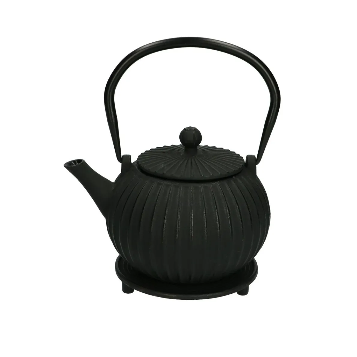 Theepot met onderzetter, gietijzer, zwart
