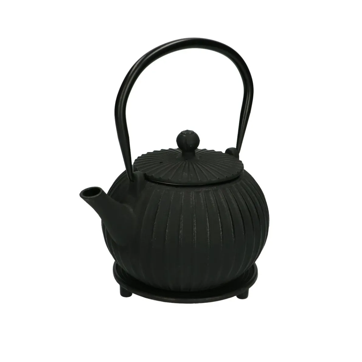 Theepot met onderzetter, gietijzer, zwart